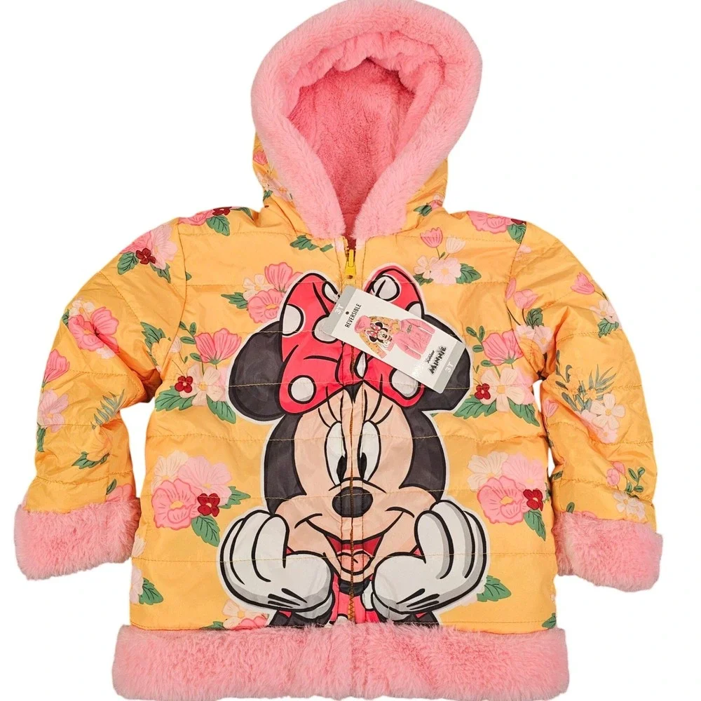 Disney Junior Minnie Mouse‎ Reversible Puffer Jacket Yellow Floral Pink 3T New